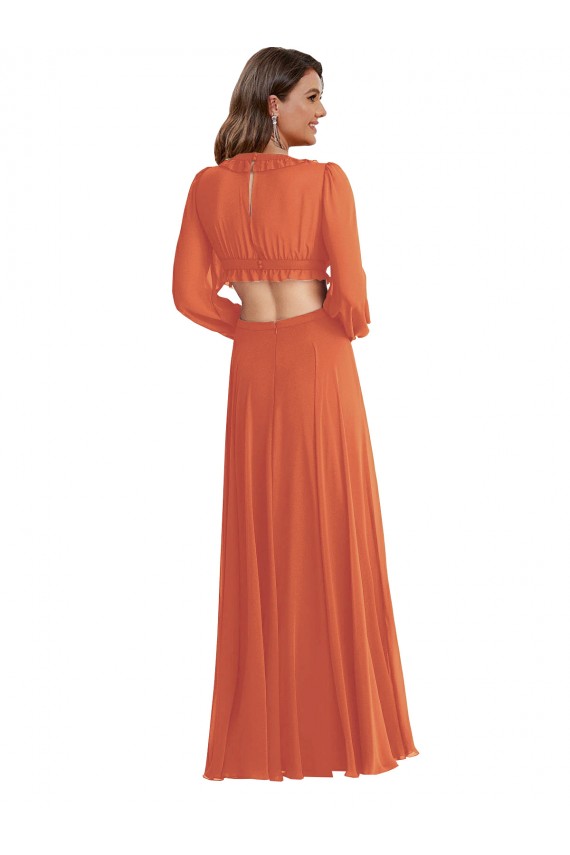 Long Sleeves V-Neck Open Back Soft Chiffon A-Line High Low Evening Gown / Bridesmaid Dress Newcastle