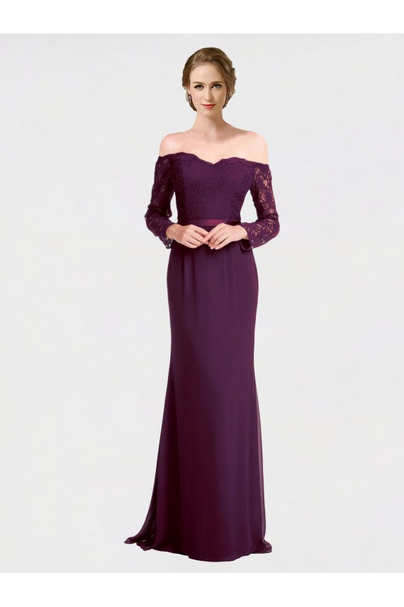Long Sleeves Off the Shoulder Low Back Soft Chiffon & Lace Mermaid Bridesmaid Dress Newcastle