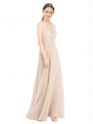 Sleeveless Halter Neck Keyhole Back Soft Chiffon & Lace A-Line Prom Dress / Bridesmaid Dress Newcastle