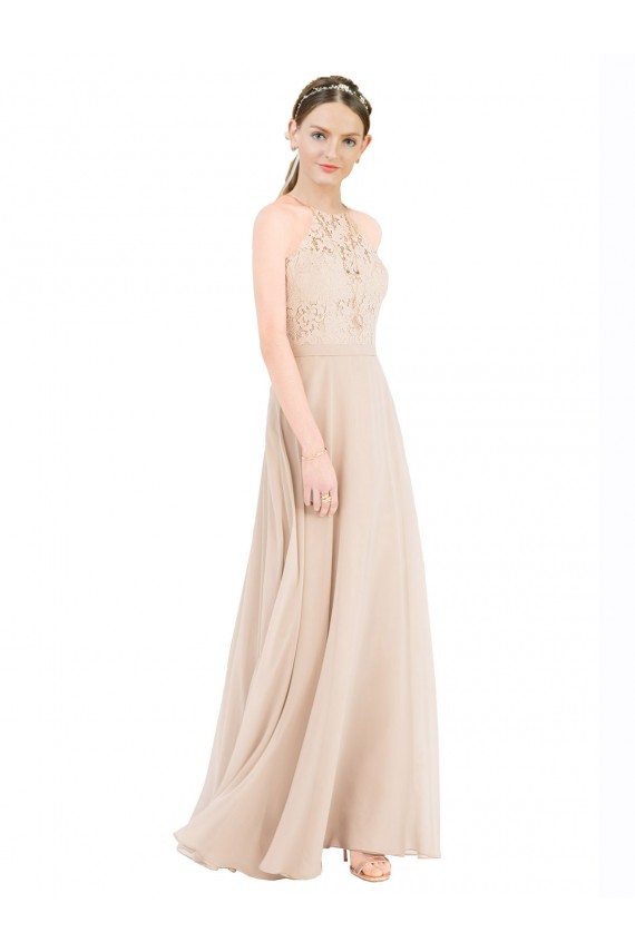 Sleeveless Halter Neck Keyhole Back Soft Chiffon & Lace A-Line Prom Dress / Bridesmaid Dress Newcastle