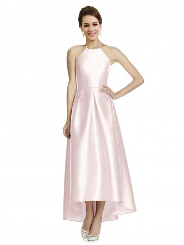Sleeveless Spaghetti Straps Criss Cross Open Back Satin A-Line High Low Bridesmaid Dress Newcastle