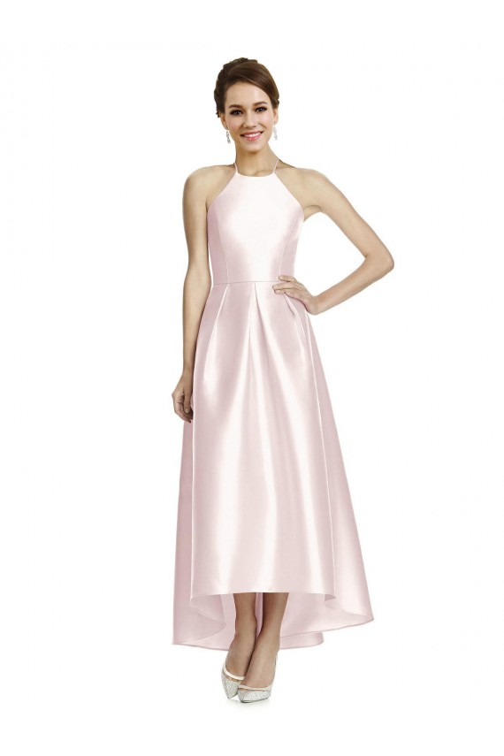 Sleeveless Spaghetti Straps Criss Cross Open Back Satin A-Line High Low Bridesmaid Dress Newcastle