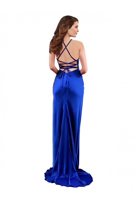Sleeveless Royal Blue Cowl Neck Criss Cross Open Back Silk like Satin Sheath Formal Evening Gown / Prom Dress / Bridesmaid Dress Newcastle