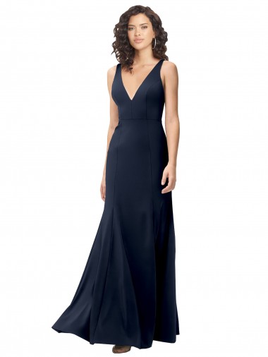 Sleeveless Dark Navy V-Neck V-Back Stretch Crepe A-Line Formal Dress / Bridesmaid Dress Newcastle