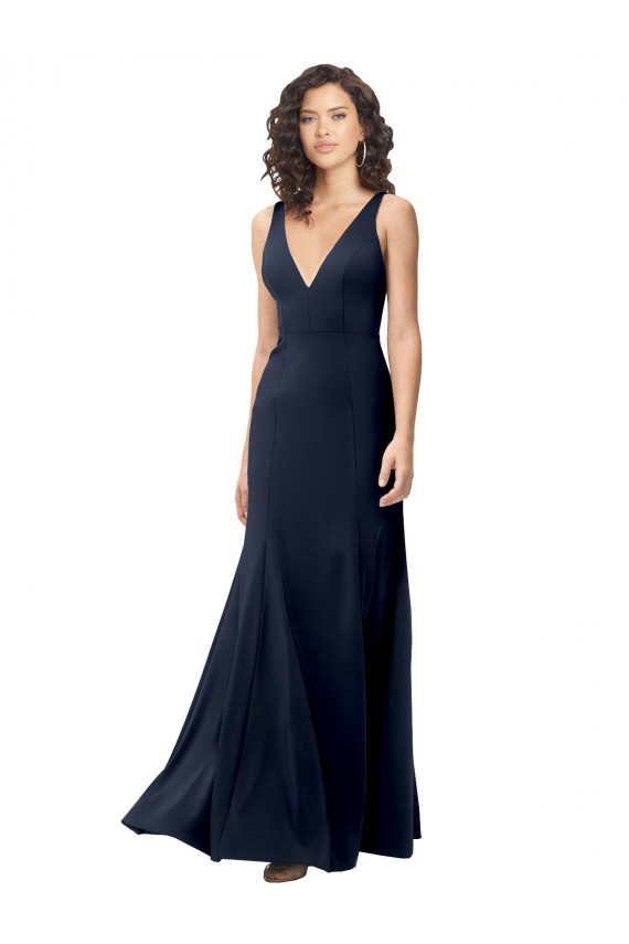 Sleeveless Dark Navy V-Neck V-Back Stretch Crepe A-Line Formal Dress / Bridesmaid Dress Newcastle