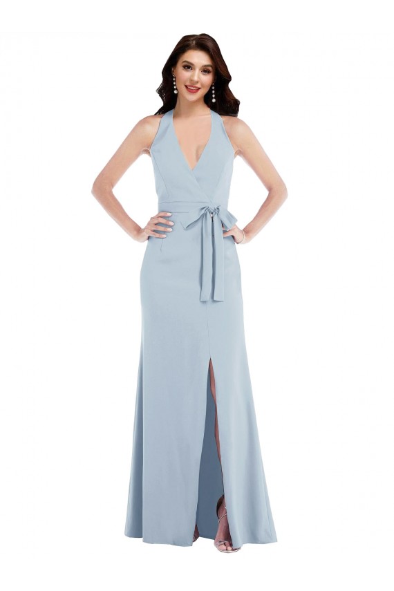 Sleeveless Light Sky Blue Halter Neck Open Back Stretch Crepe A-Line Formal Evening Gown / Prom Dress / Bridesmaid Dress Newcastle