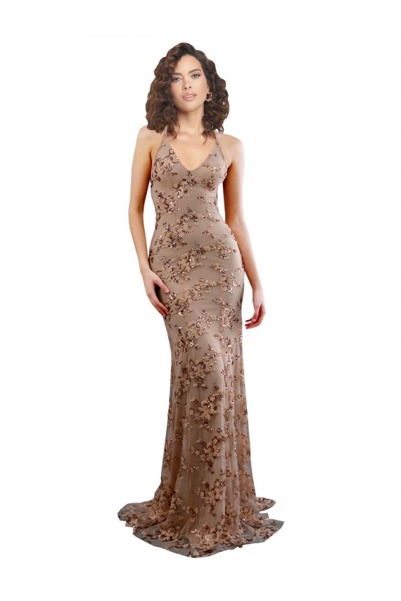 Sleeveless Rose Gold V-Neck Backless Stretch Crepe & Sequin Tulle Mermaid Formal Evening Gown / Prom Dress / Bridesmaid Dress Newcastle