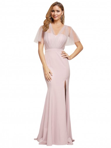 Short Sleeves One Shoulder Low Back Stretch Crepe & Tulle Sheath Formal Evening Gown / Prom Dress / Bridesmaid Dress Newcastle