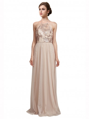 Sleeveless Nude Halter Neck Tulle A-Line Bridesmaid Dress Newcastle