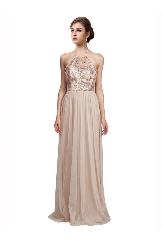 Sleeveless Nude Halter Neck Tulle A-Line Bridesmaid Dress Newcastle