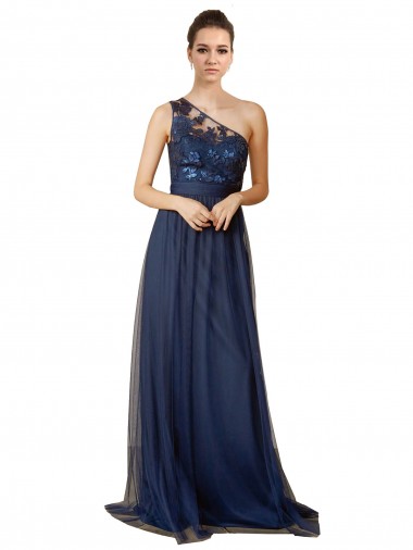 Sleeveless Dark Navy One Shoulder Tulle A-Line Bridesmaid Dress Newcastle