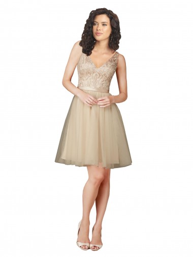 Sleeveless Champagne V-Neck V-Back Tulle & Lace A-Line Bridesmaid Dress Newcastle