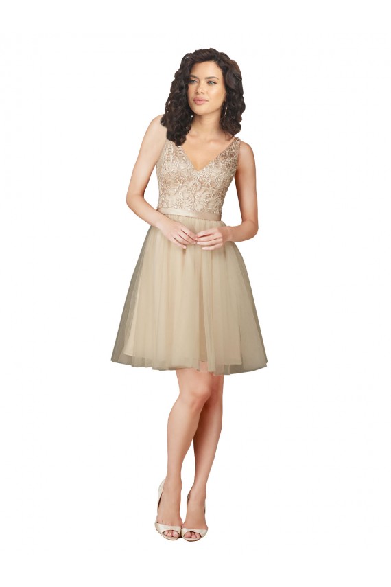 Sleeveless Champagne V-Neck V-Back Tulle & Lace A-Line Bridesmaid Dress Newcastle