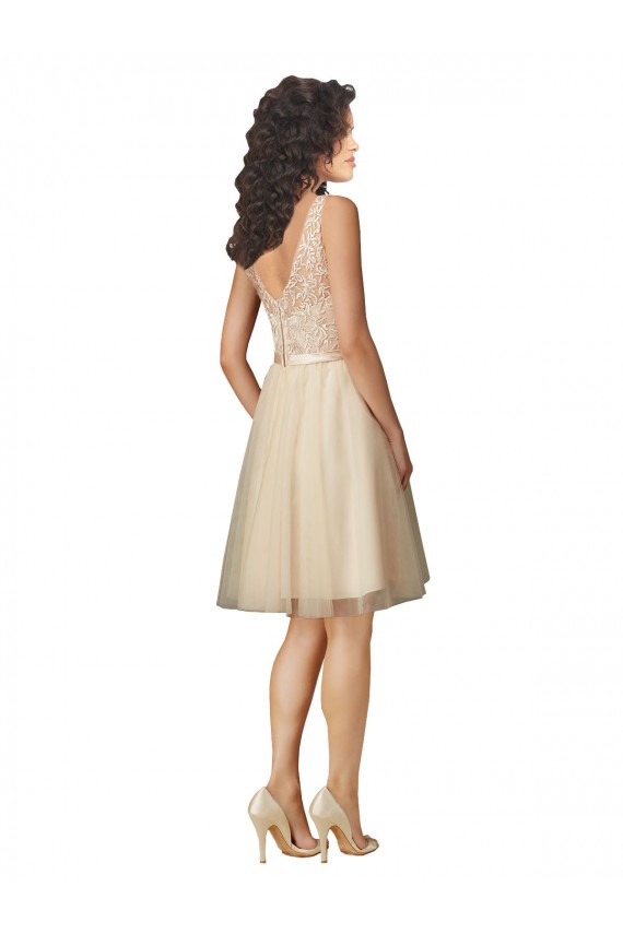 Sleeveless Champagne V-Neck V-Back Tulle & Lace A-Line Bridesmaid Dress Newcastle