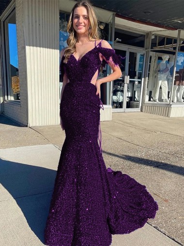 Sleeveless Plum Purple Spaghetti Straps Velvet Sequin Sheath Prom Dress / Evening Dress Newcastle