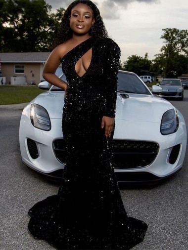 Long Sleeves One Shoulder Velvet Sequin Sheath Prom Dress Newcastle