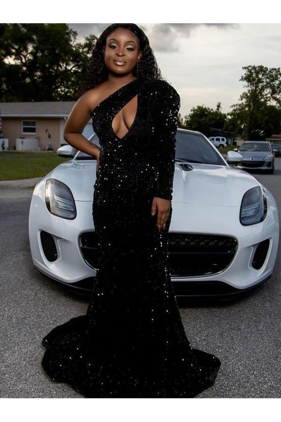 Long Sleeves One Shoulder Velvet Sequin Sheath Prom Dress Newcastle