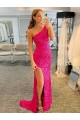 Sleeveless Fuchsia One Shoulder Velvet Sequin Sheath Evening Dress Newcastle