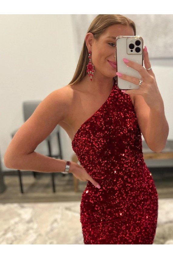 Sleeveless Pink One Shoulder Velvet Sequin Sheath Prom Dress Newcastle