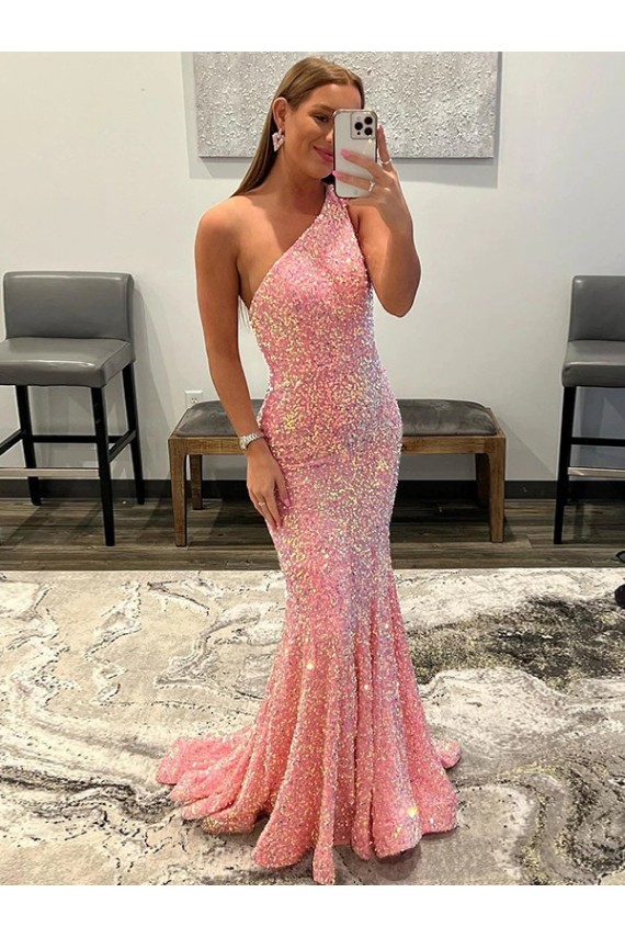 Sleeveless Pink One Shoulder Velvet Sequin Sheath Prom Dress Newcastle