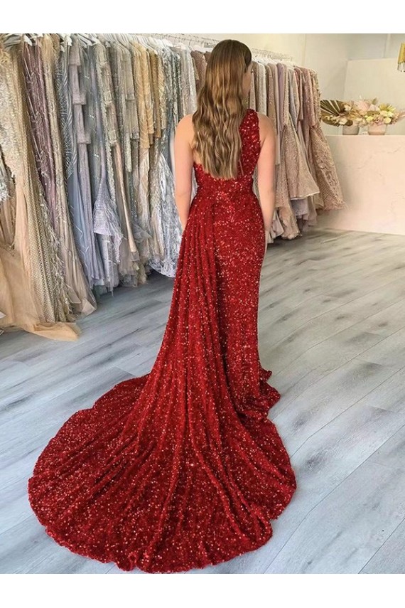Sleeveless Burgundy One Shoulder Velvet Sequin Sheath Prom Dress Newcastle