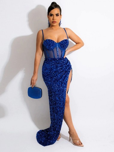 Sleeveless Royal Blue Spaghetti Straps Velvet Sequin Sheath Evening Dress Newcastle
