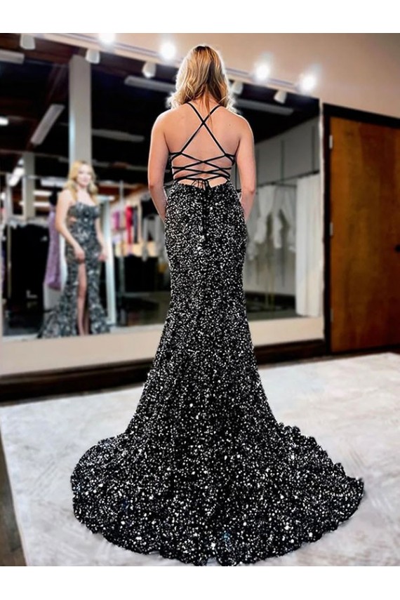 Sleeveless Spaghetti Straps Velvet Sequin Sheath Long Prom Dress Newcastle