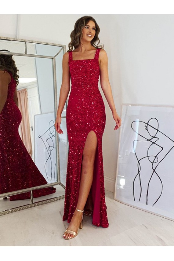 Sleeveless Square Neck Velvet Sequin Sheath Prom Dress Newcastle