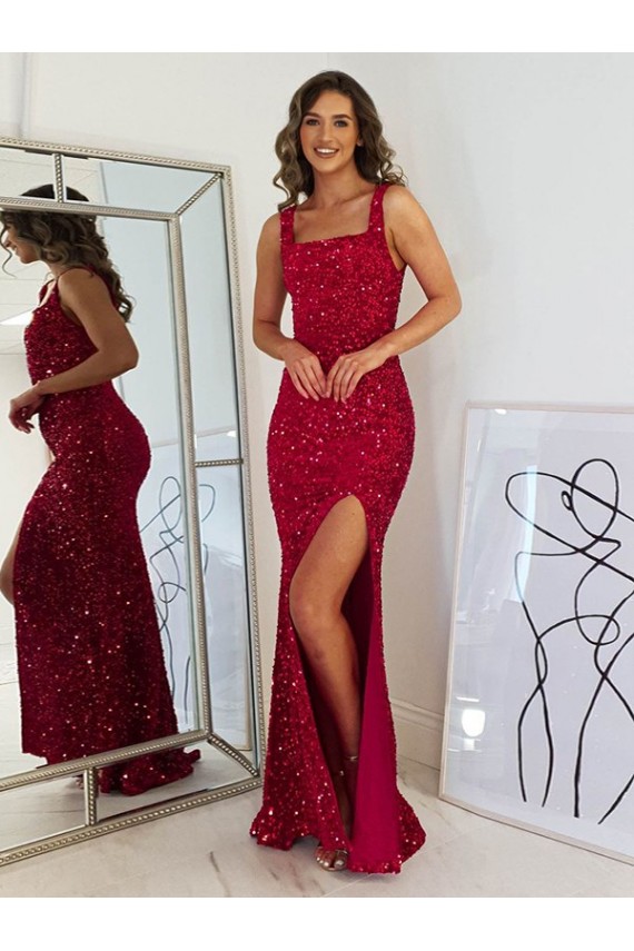 Sleeveless Square Neck Velvet Sequin Sheath Prom Dress Newcastle