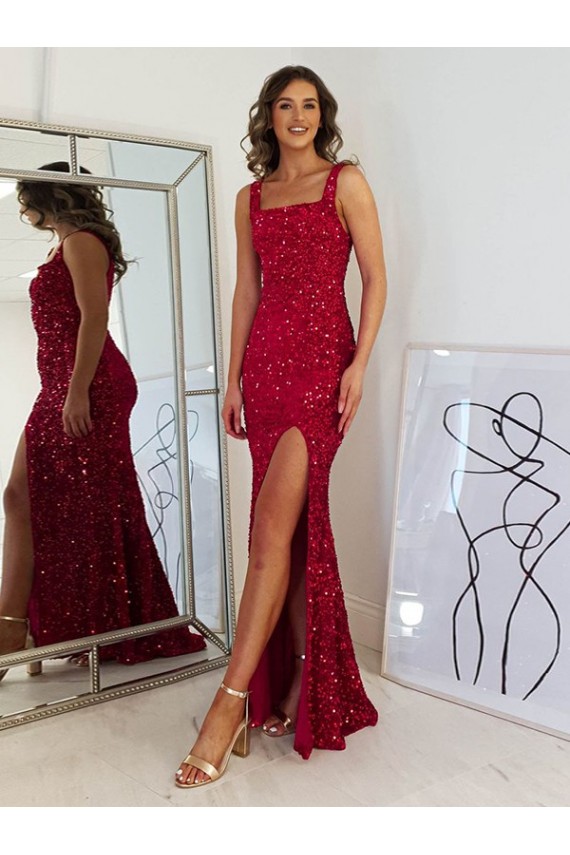 Sleeveless Square Neck Velvet Sequin Sheath Prom Dress Newcastle