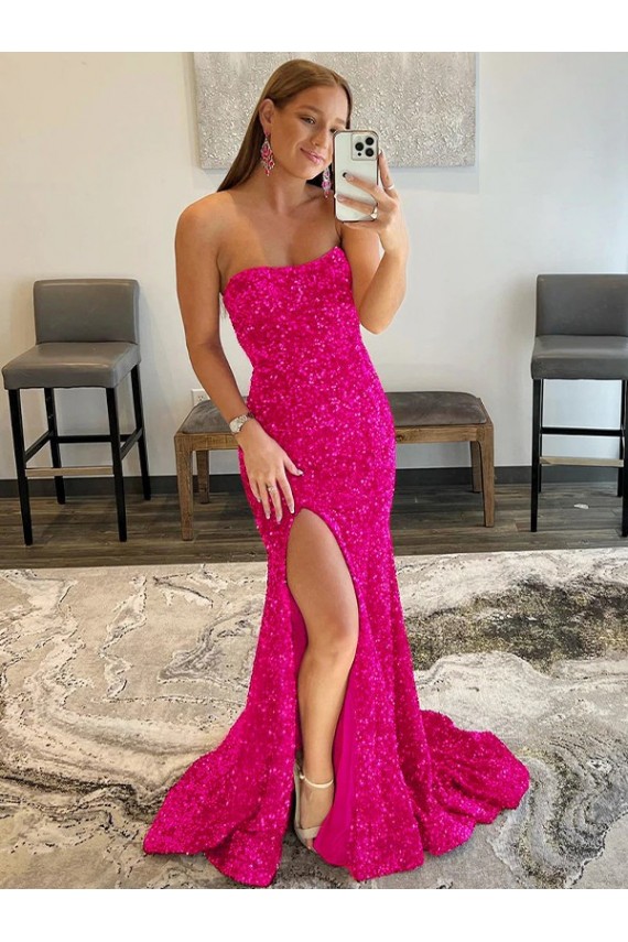 Sleeveless Fuchsia Strapless Velvet Sequin Sheath Prom Dress Newcastle