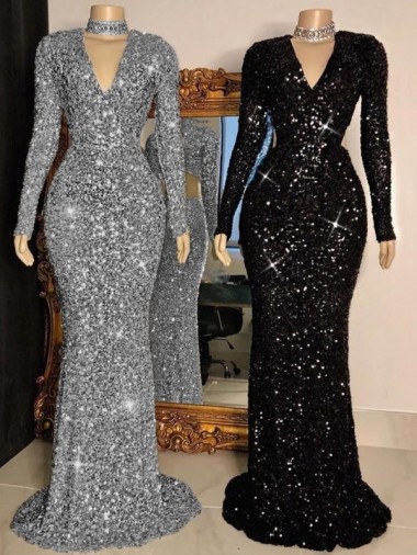 Long Sleeves V-Neck Velvet Sequin Sheath Prom Dress Newcastle