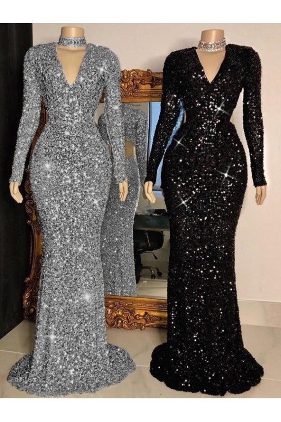 Long Sleeves V-Neck Velvet Sequin Sheath Prom Dress Newcastle