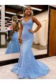 Sleeveless Periwinkle V-Neck Velvet Sequin Sheath Evening Gown Newcastle
