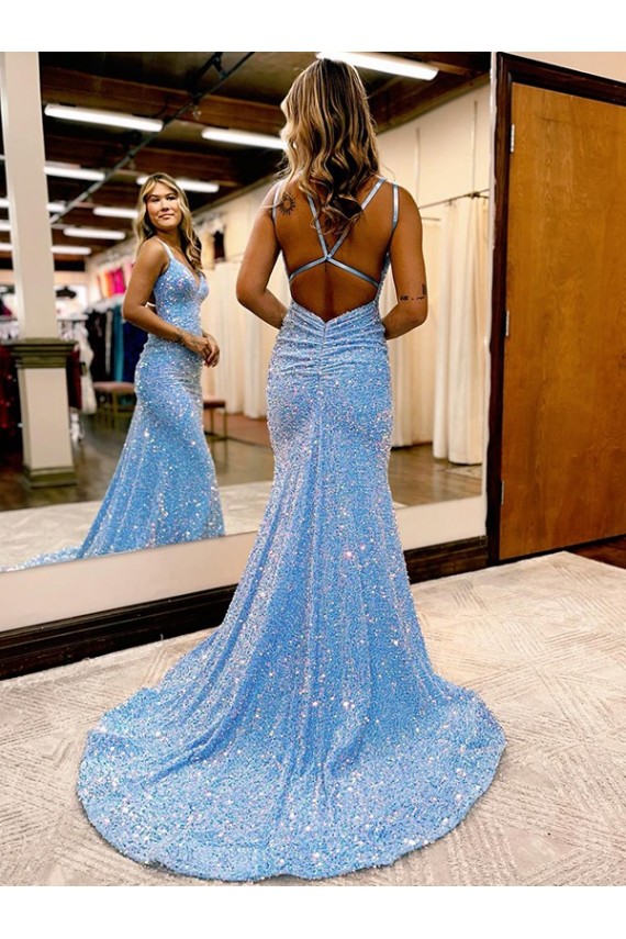 Sleeveless Periwinkle V-Neck Velvet Sequin Sheath Evening Gown Newcastle