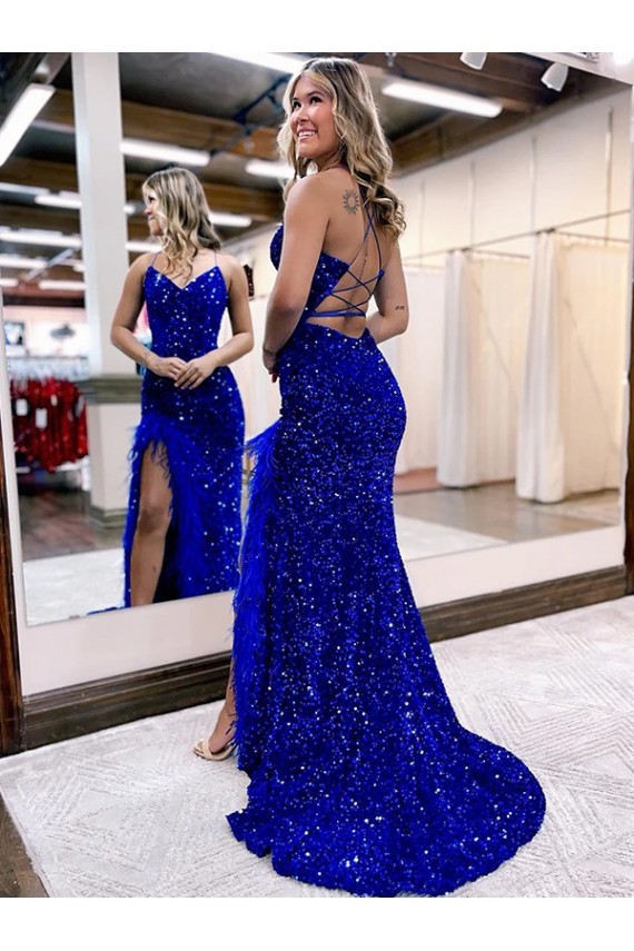 Sleeveless Royal Blue V-Neck Velvet Sequin Sheath Evening Dress Newcastle
