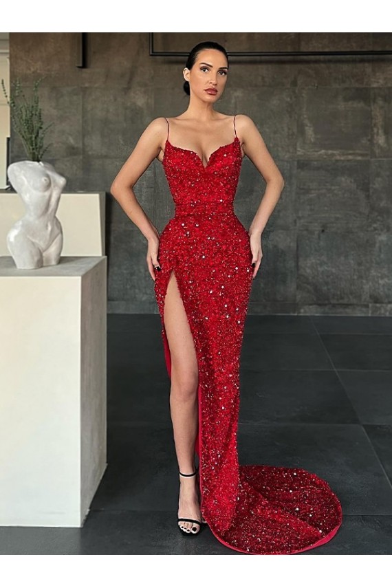 Sleeveless Red V-Neck Velvet Sequin Sheath Evening Gown / Prom Dress Newcastle