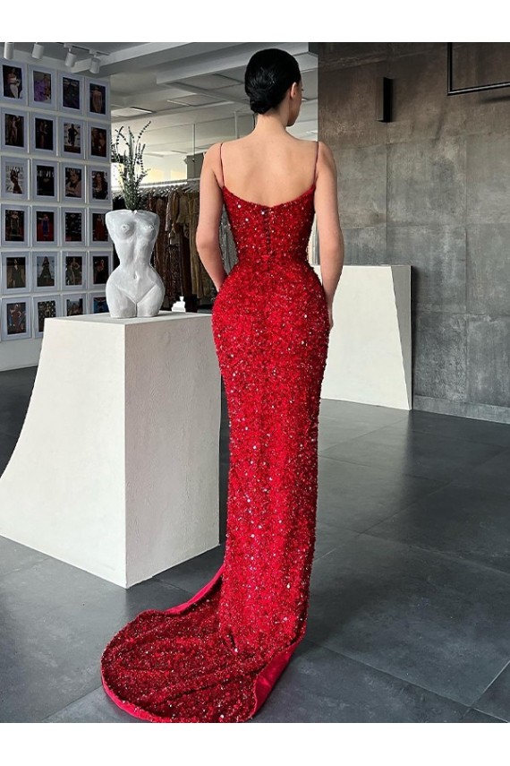 Sleeveless Red V-Neck Velvet Sequin Sheath Evening Gown / Prom Dress Newcastle