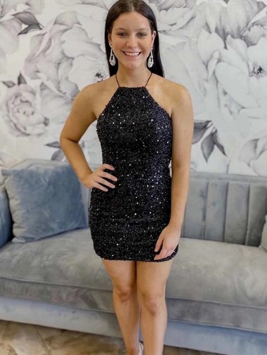 Sleeveless Halter Neck Velvet Sequin Sheath Prom Dress Newcastle