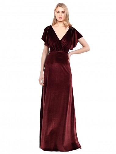 Flutter Sleeves V-Neck Open Back Stretch Velvet A-Line Prom Dress / Bridesmaid Dress Newcastle
