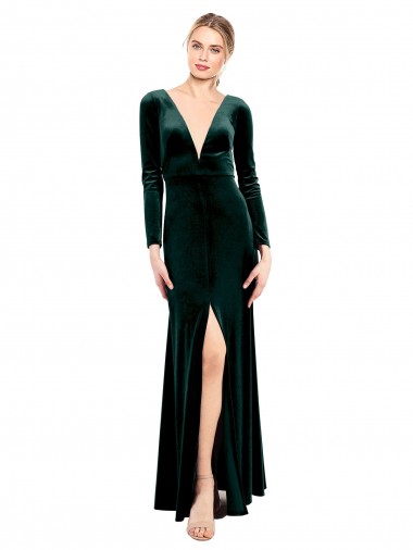 Long Sleeves V-Neck Open Back Stretch Velvet A-Line Black Tie Prom Dress / Bridesmaid Dress Newcastle