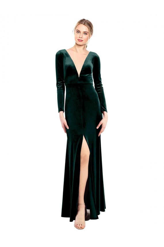 Long Sleeves V-Neck Open Back Stretch Velvet A-Line Black Tie Prom Dress / Bridesmaid Dress Newcastle