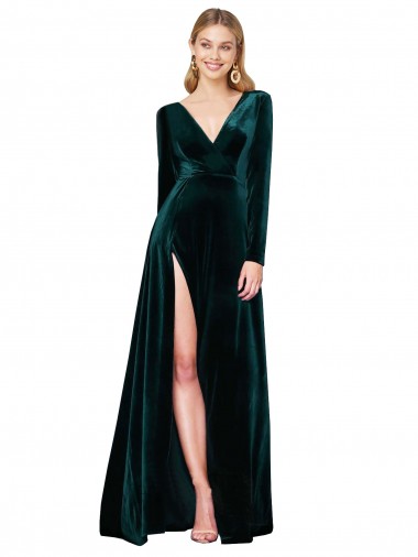 Long Sleeves V-Neck Stretch Velvet A-Line Black Tie Evening Gown / Prom Dress / Bridesmaid Dress Newcastle