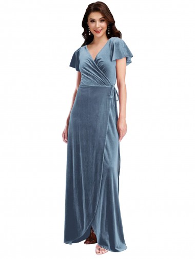 Flutter Sleeves V-Neck Stretch Velvet A-Line Black Tie Evening Gown / Prom Dress / Bridesmaid Dress Newcastle