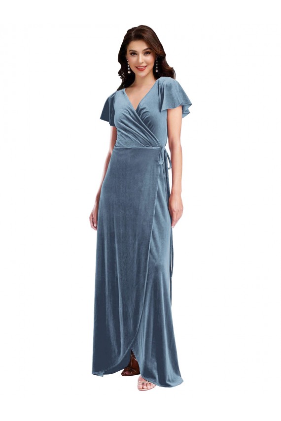 Flutter Sleeves V-Neck Stretch Velvet A-Line Black Tie Evening Gown / Prom Dress / Bridesmaid Dress Newcastle