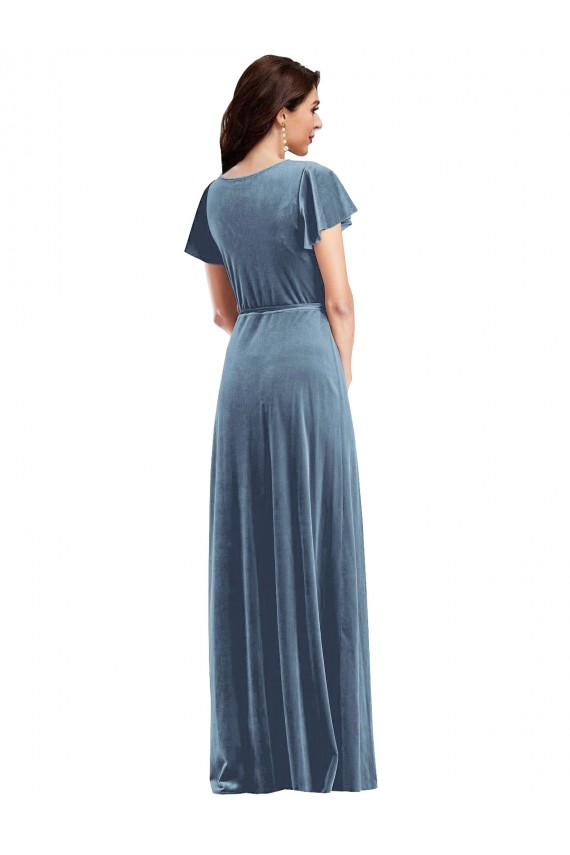 Flutter Sleeves V-Neck Stretch Velvet A-Line Black Tie Evening Gown / Prom Dress / Bridesmaid Dress Newcastle