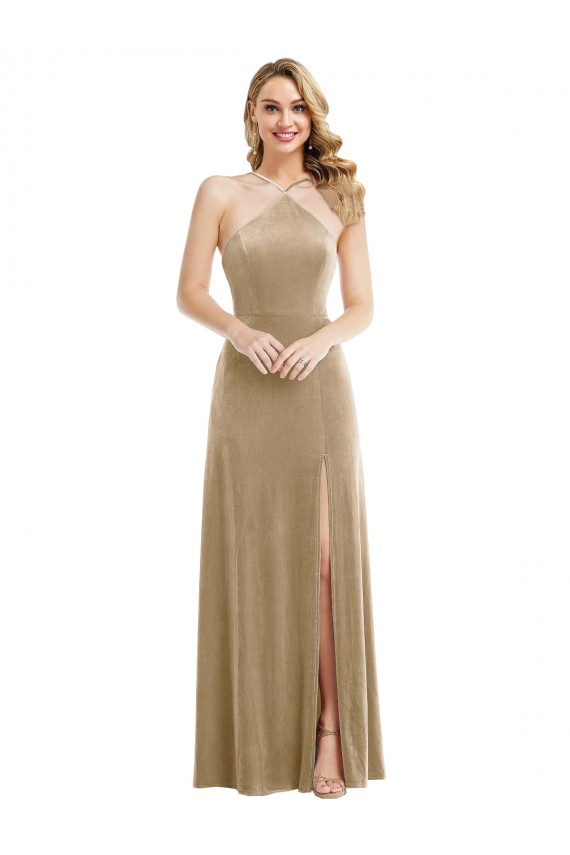 Sleeveless Halter Neck Open Back Stretch Velvet A-Line Semi Formal Evening Dress / Prom Dress / Bridesmaid Dress Newcastle
