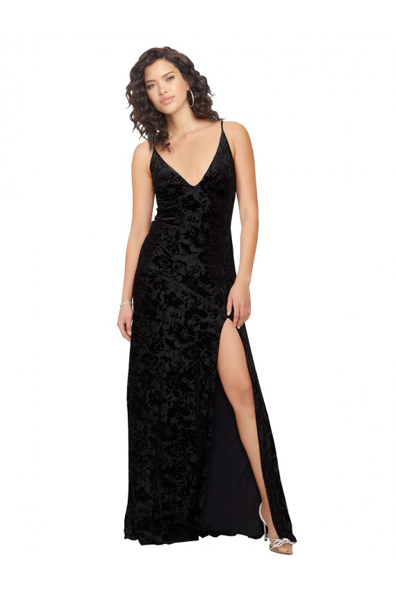 Sleeveless V-Neck Open Back Floral Velvet & Stretch Velvet Sheath Bridesmaid Dress Newcastle