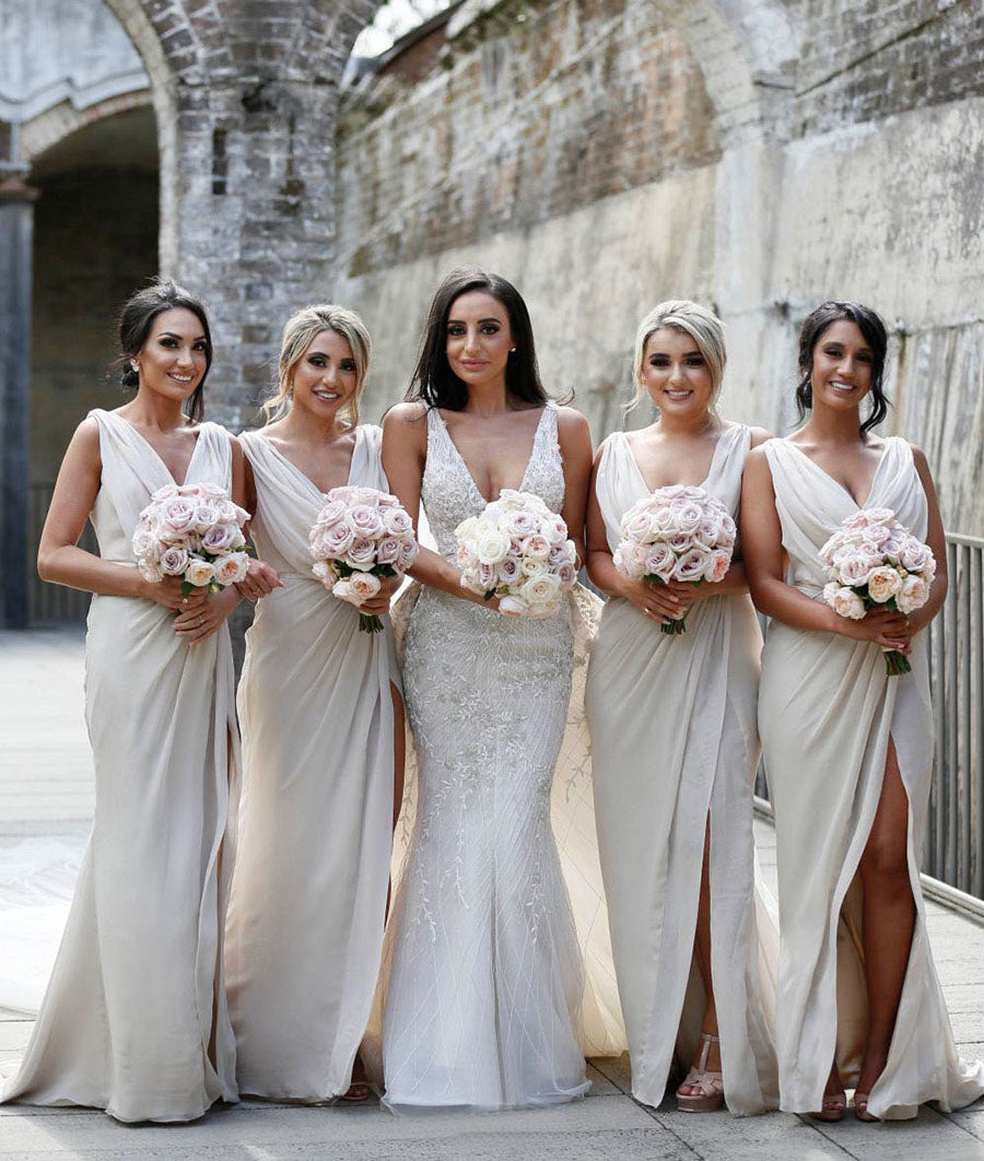 Full Length Luxe Chiffon Long Champagne bridesmaid dresses Newcastle with Sexy High Slit and Front Ruffles